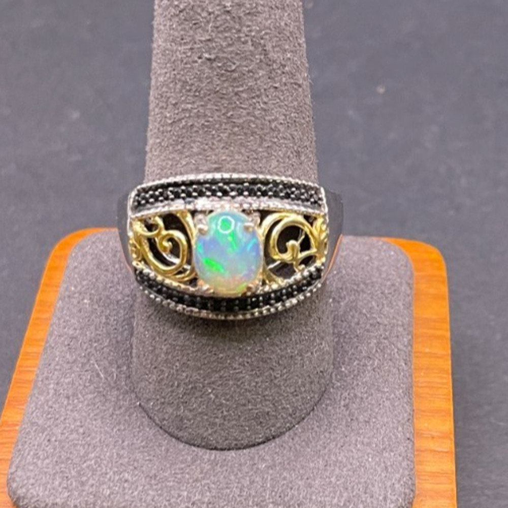 STS Sterling Silver 925 Two Tone Opal Ring Filigree Black Spinel Size 10.25